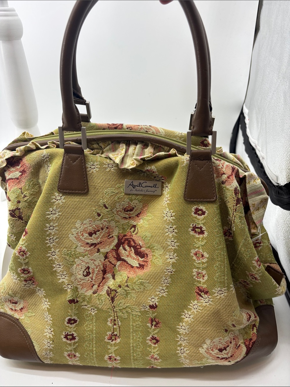 Vintage April Cornell Olive Green Floral Tapestry Tote with Brown Trim